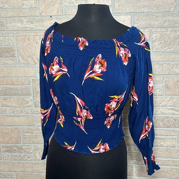 Express Blue Floral Off-Shoulder Blouse - Picture 3 of 9